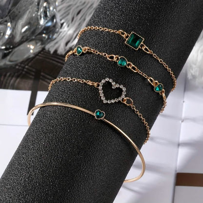 4pcs Rhinestone Alloy Bracelet Set – Minimalist Heart & Square Design - My Store 3