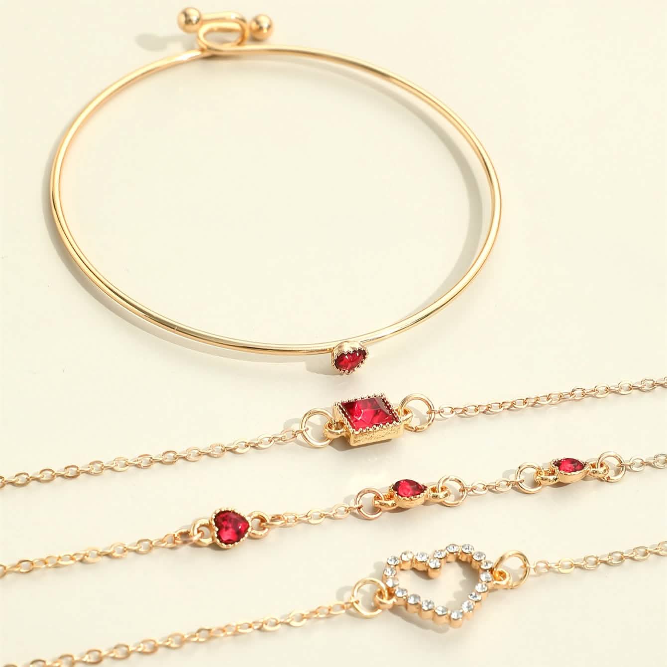 4pcs Rhinestone Alloy Bracelet Set – Minimalist Heart & Square Design - My Store 3