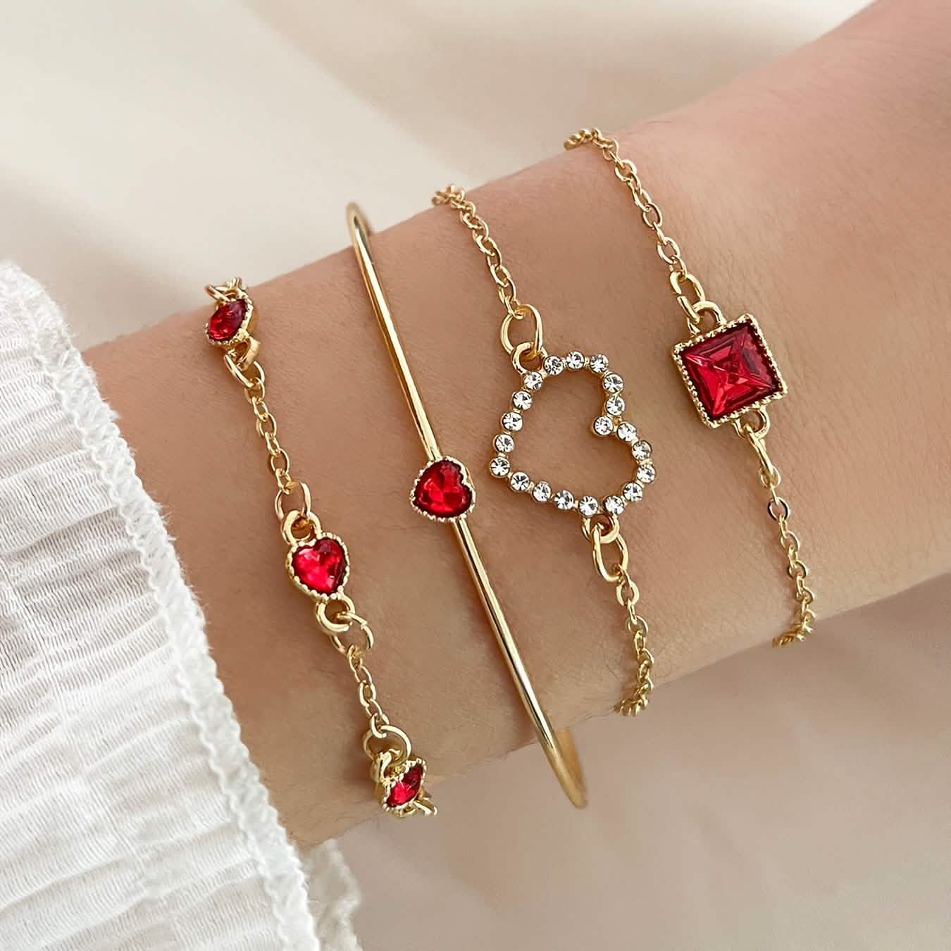 4pcs Rhinestone Alloy Bracelet Set – Minimalist Heart & Square Design - My Store 3