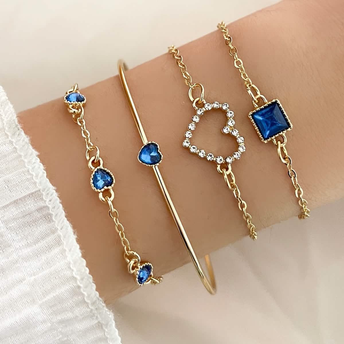 4pcs Rhinestone Alloy Bracelet Set – Minimalist Heart & Square Design - My Store 3