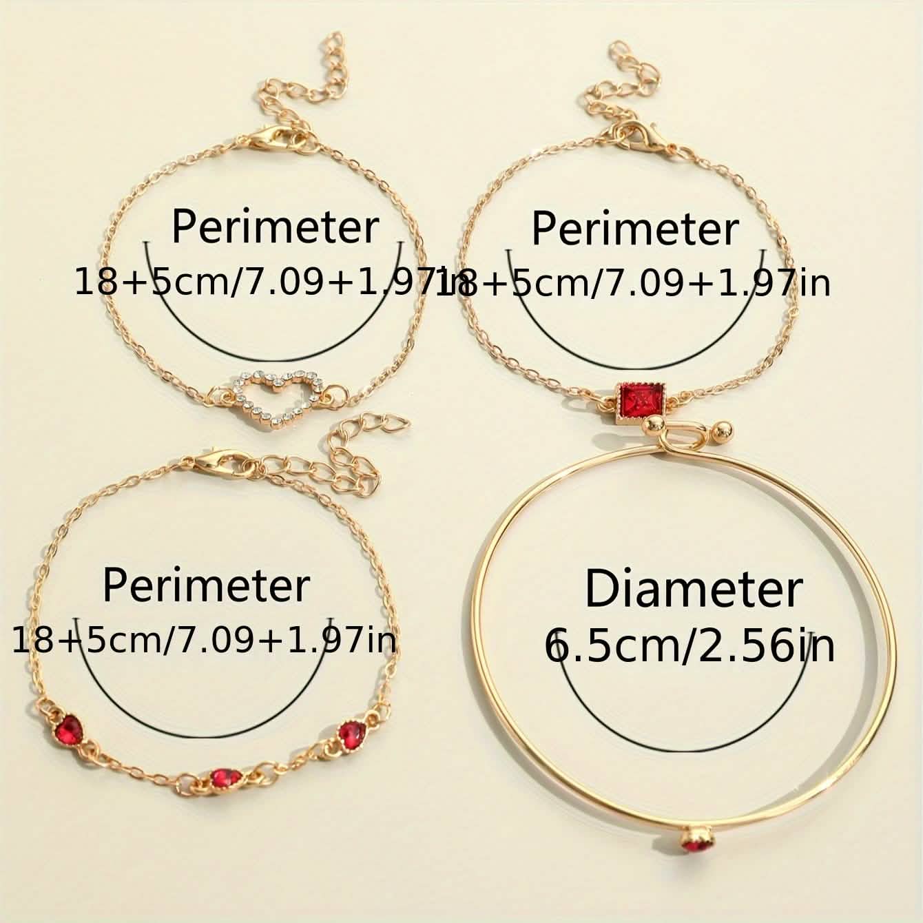 4pcs Rhinestone Alloy Bracelet Set – Minimalist Heart & Square Design - My Store 3