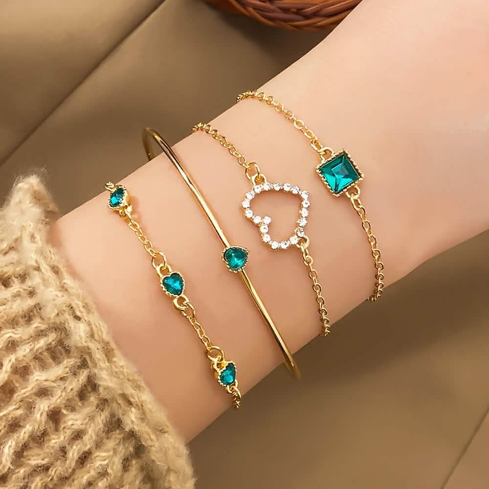 4pcs Rhinestone Alloy Bracelet Set – Minimalist Heart & Square Design - My Store 3
