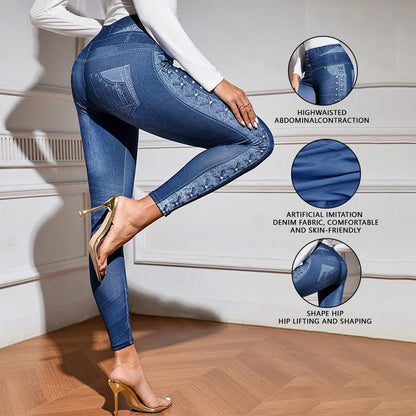 Denim-Look High-Waist Butt-Lifting Yoga Pants – Slimming Elastic Fitness Leggings - All In One Stop Shop N More