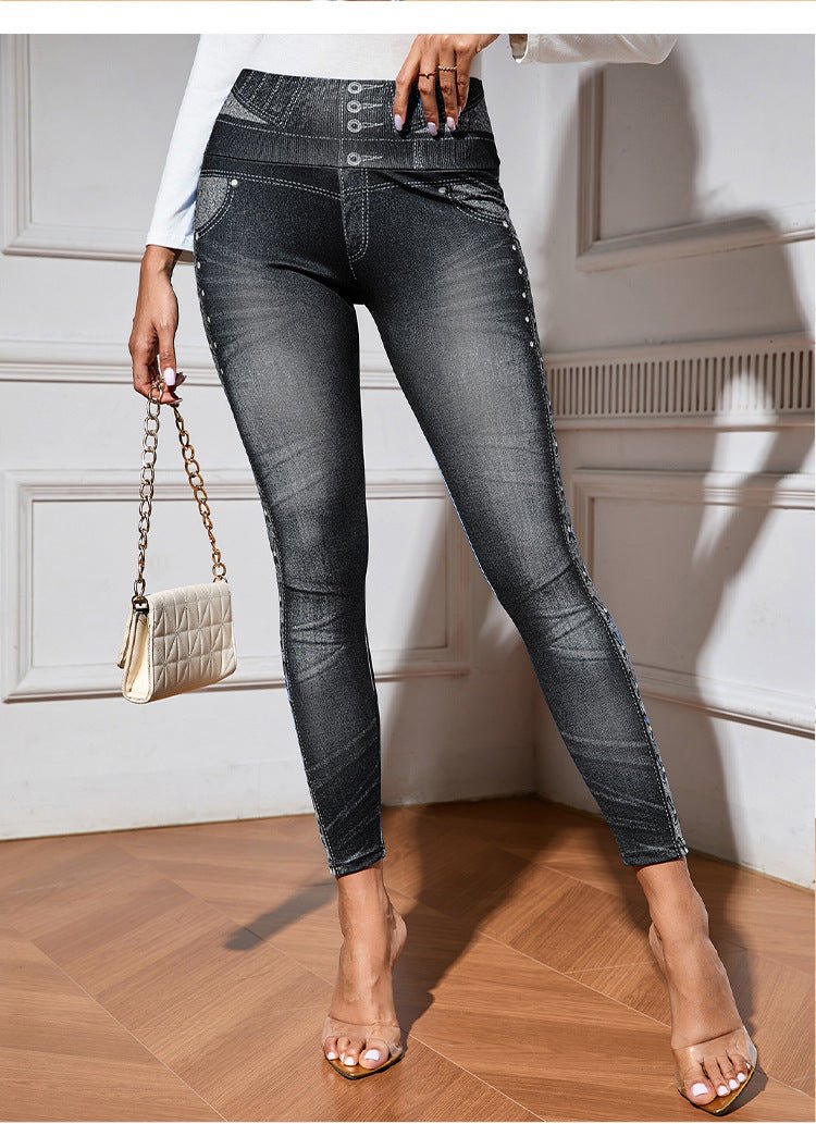Denim-Look High-Waist Butt-Lifting Yoga Pants – Slimming Elastic Fitness Leggings - All In One Stop Shop N More