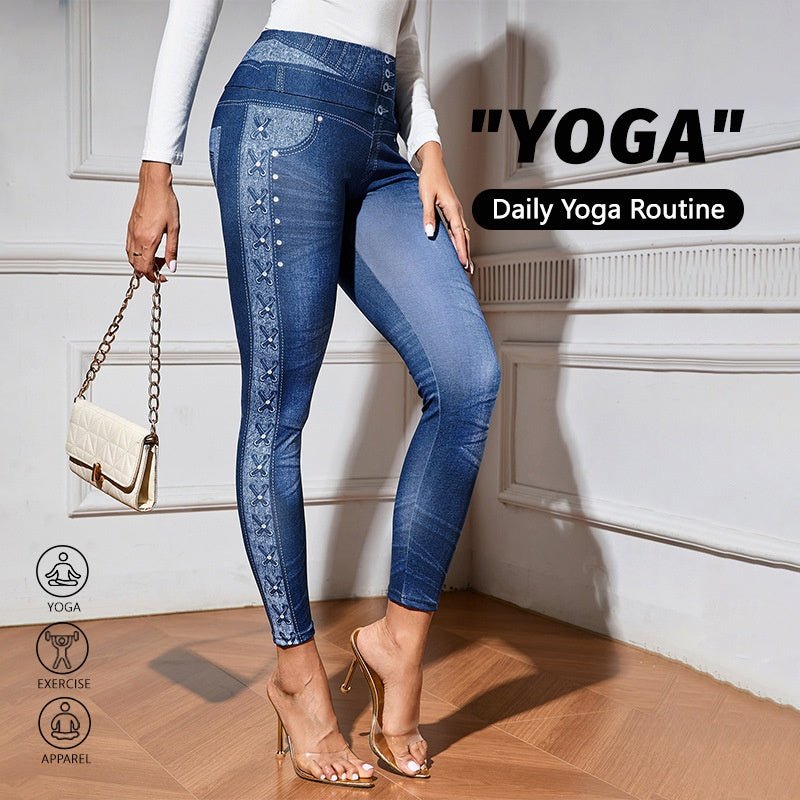 Denim-Look High-Waist Butt-Lifting Yoga Pants – Slimming Elastic Fitness Leggings - All In One Stop Shop N More