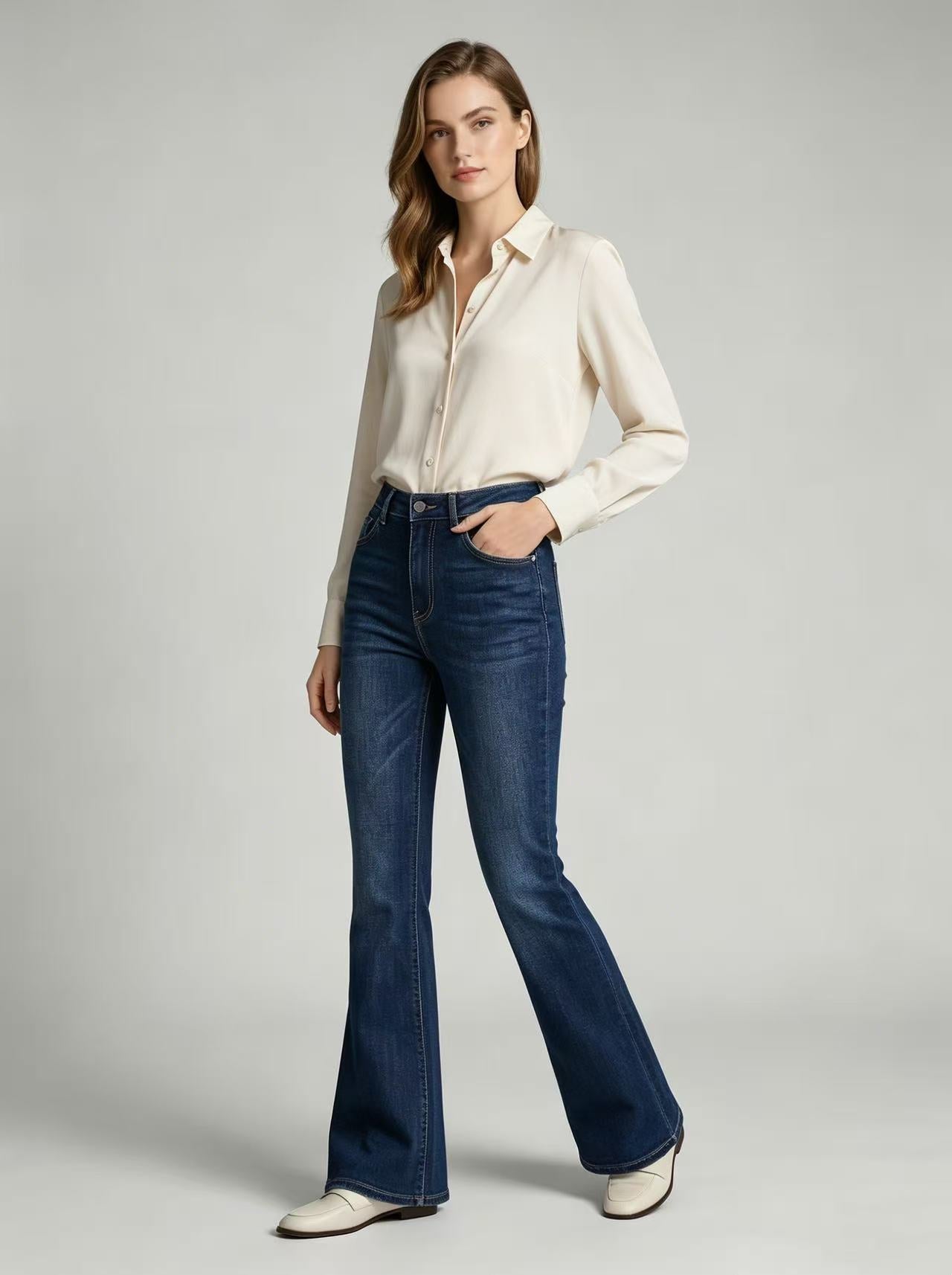 High-Waist Slim-Fit Slightly Flared Women's Jeans – Full-Length Denim Pants - All In One Stop Shop N More