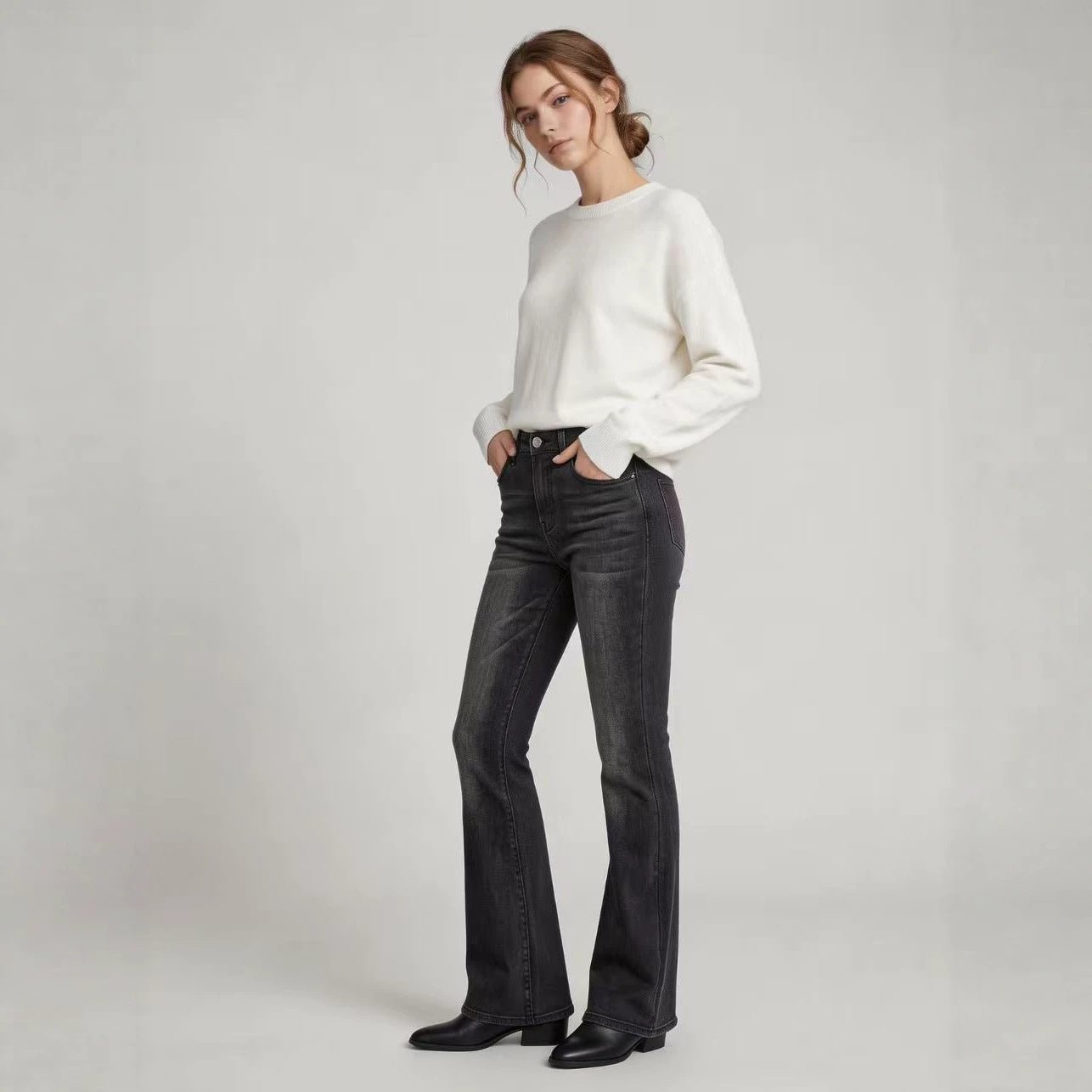 High-Waist Slim-Fit Slightly Flared Women's Jeans – Full-Length Denim Pants - All In One Stop Shop N More
