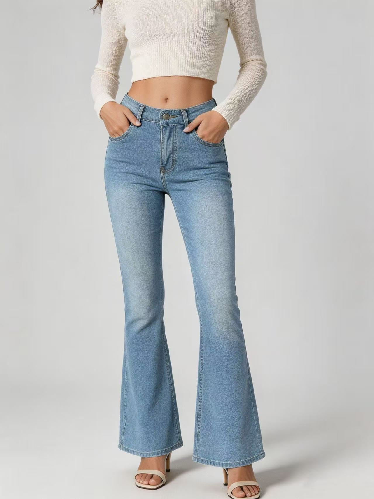 High-Waist Slim-Fit Slightly Flared Women's Jeans – Full-Length Denim Pants - All In One Stop Shop N More