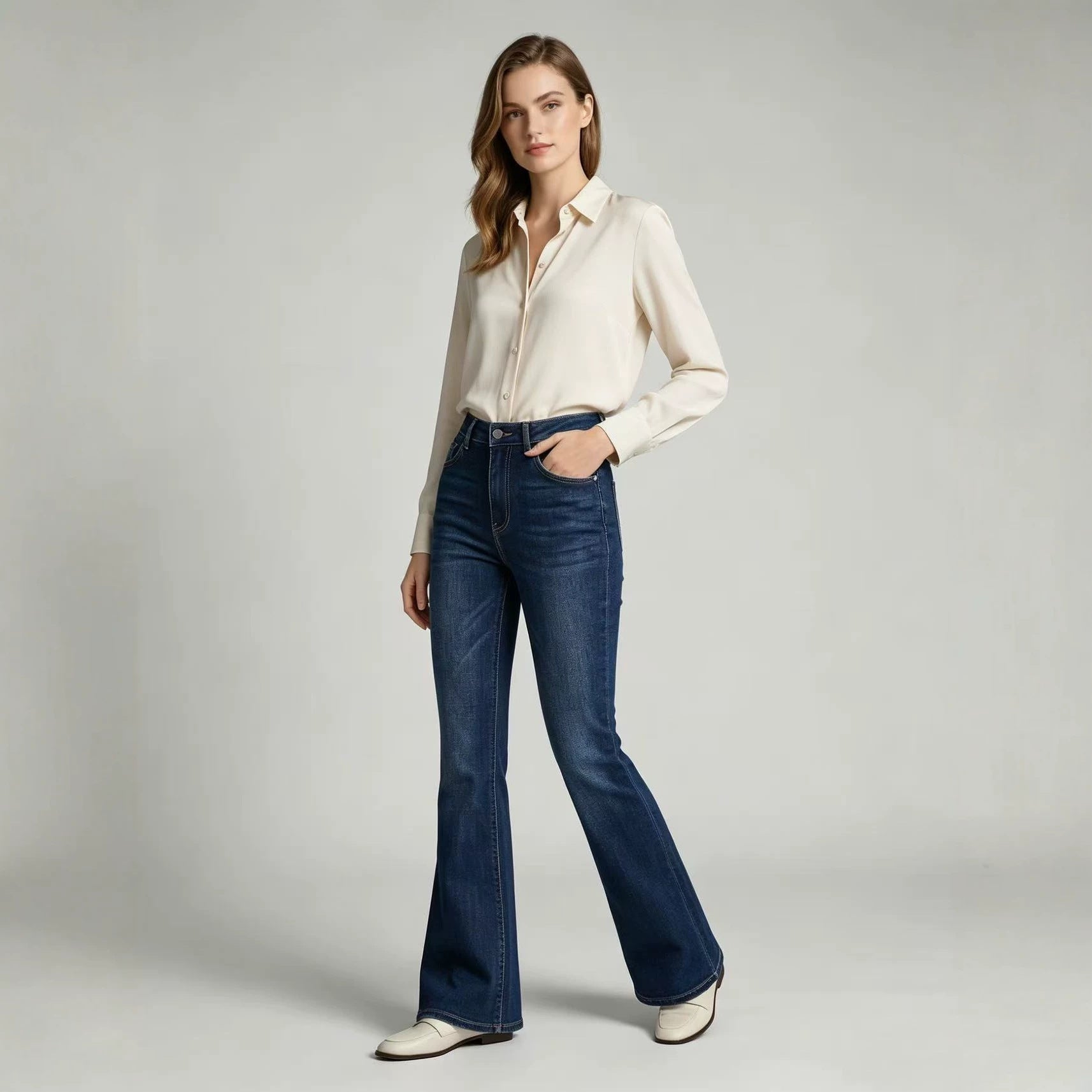 High-Waist Slim-Fit Slightly Flared Women's Jeans – Full-Length Denim Pants - All In One Stop Shop N More