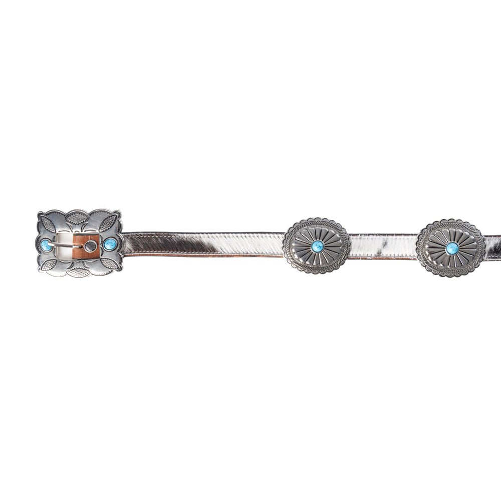 Myra Floracrest Hairon Concho Belt for Women with Handtooling and Turquoise Stone Buckle - My Store 3