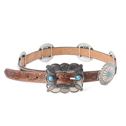 Myra Floracrest Hairon Concho Belt for Women with Handtooling and Turquoise Stone Buckle - My Store 3