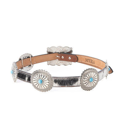 Myra Floracrest Hairon Concho Belt for Women with Handtooling and Turquoise Stone Buckle - My Store 3