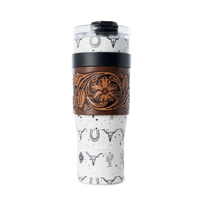 Myra Westmark Tooled Western Tumbler in White Stainless Steel with Leather Wrap and Handle for Use - My Store 3