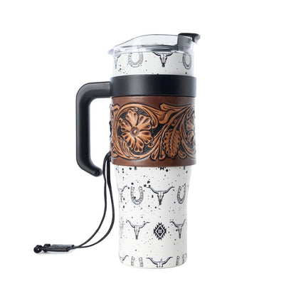 Myra Westmark Tooled Western Tumbler in White Stainless Steel with Leather Wrap and Handle for Use - My Store 3