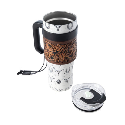 Myra Westmark Tooled Western Tumbler in White Stainless Steel with Leather Wrap and Handle for Use - My Store 3