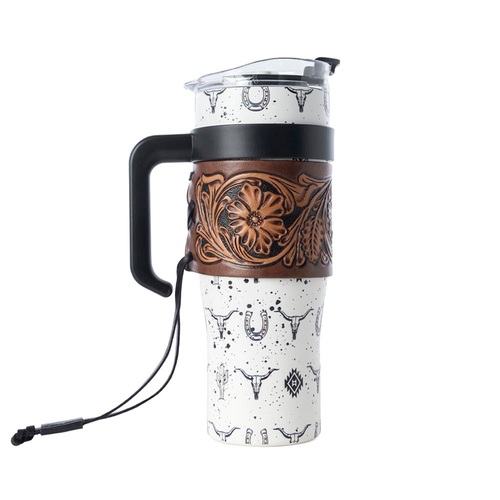 Myra Westmark Tooled Western Tumbler in White Stainless Steel with Leather Wrap and Handle for Use - My Store 3