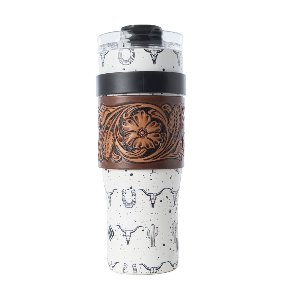 Myra Westmark Tooled Western Tumbler in White Stainless Steel with Leather Wrap and Handle for Use - My Store 3