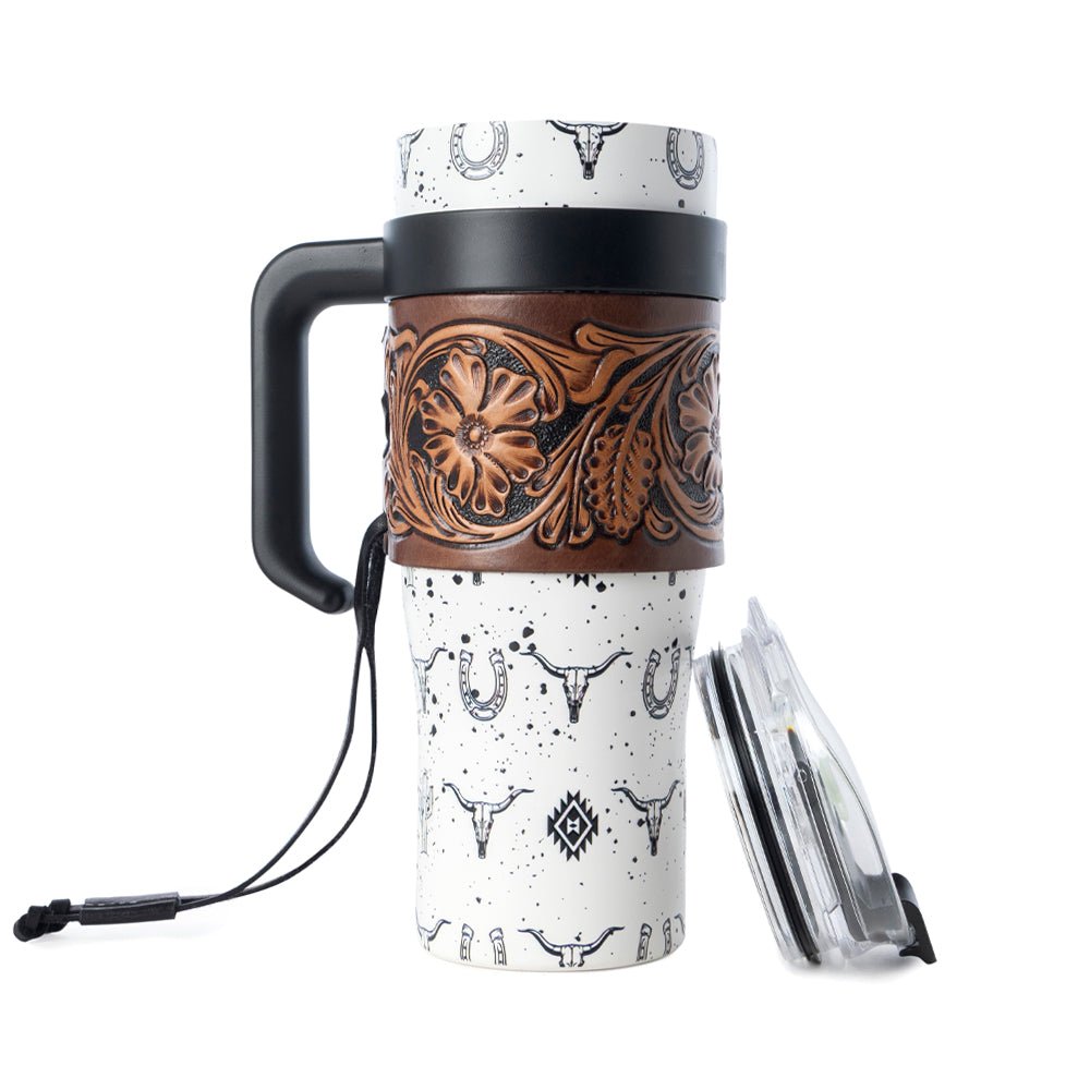 Myra Westmark Tooled Western Tumbler in White Stainless Steel with Leather Wrap and Handle for Use - My Store 3
