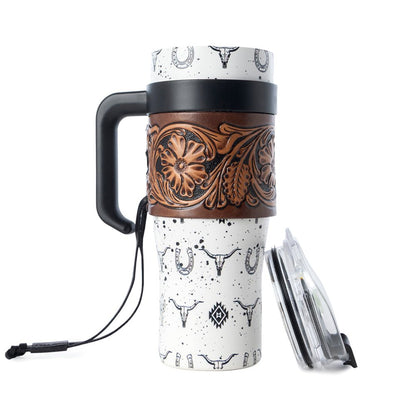 Myra Westmark Tooled Western Tumbler in White Stainless Steel with Leather Wrap and Handle for Use - My Store 3