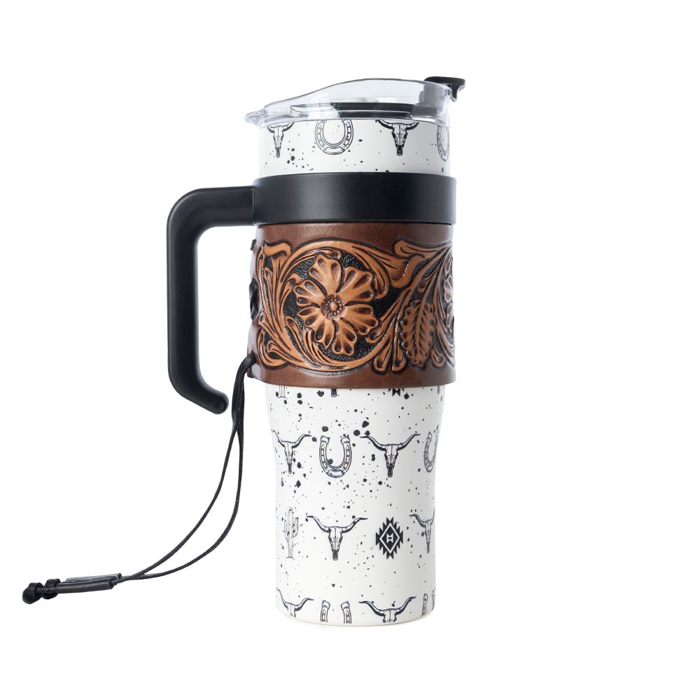 Myra Westmark Tooled Western Tumbler in White Stainless Steel with Leather Wrap and Handle for Use - My Store 3