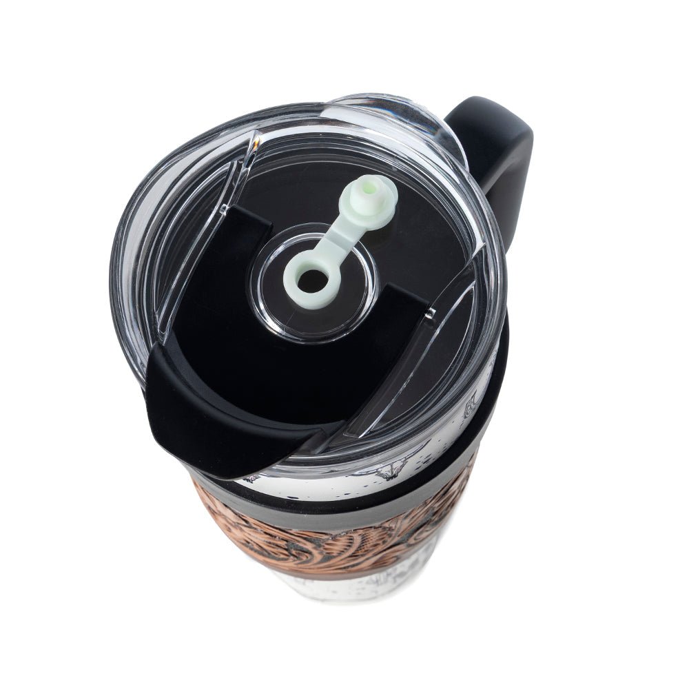 Myra Westmark Tooled Western Tumbler in White Stainless Steel with Leather Wrap and Handle for Use - My Store 3
