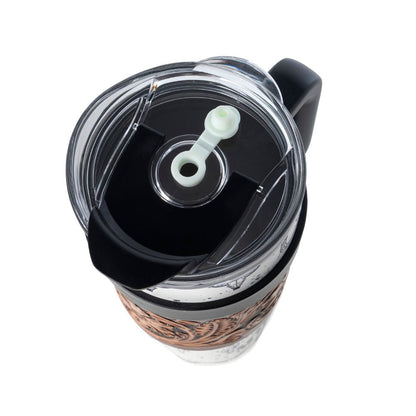 Myra Westmark Tooled Western Tumbler in White Stainless Steel with Leather Wrap and Handle for Use - My Store 3