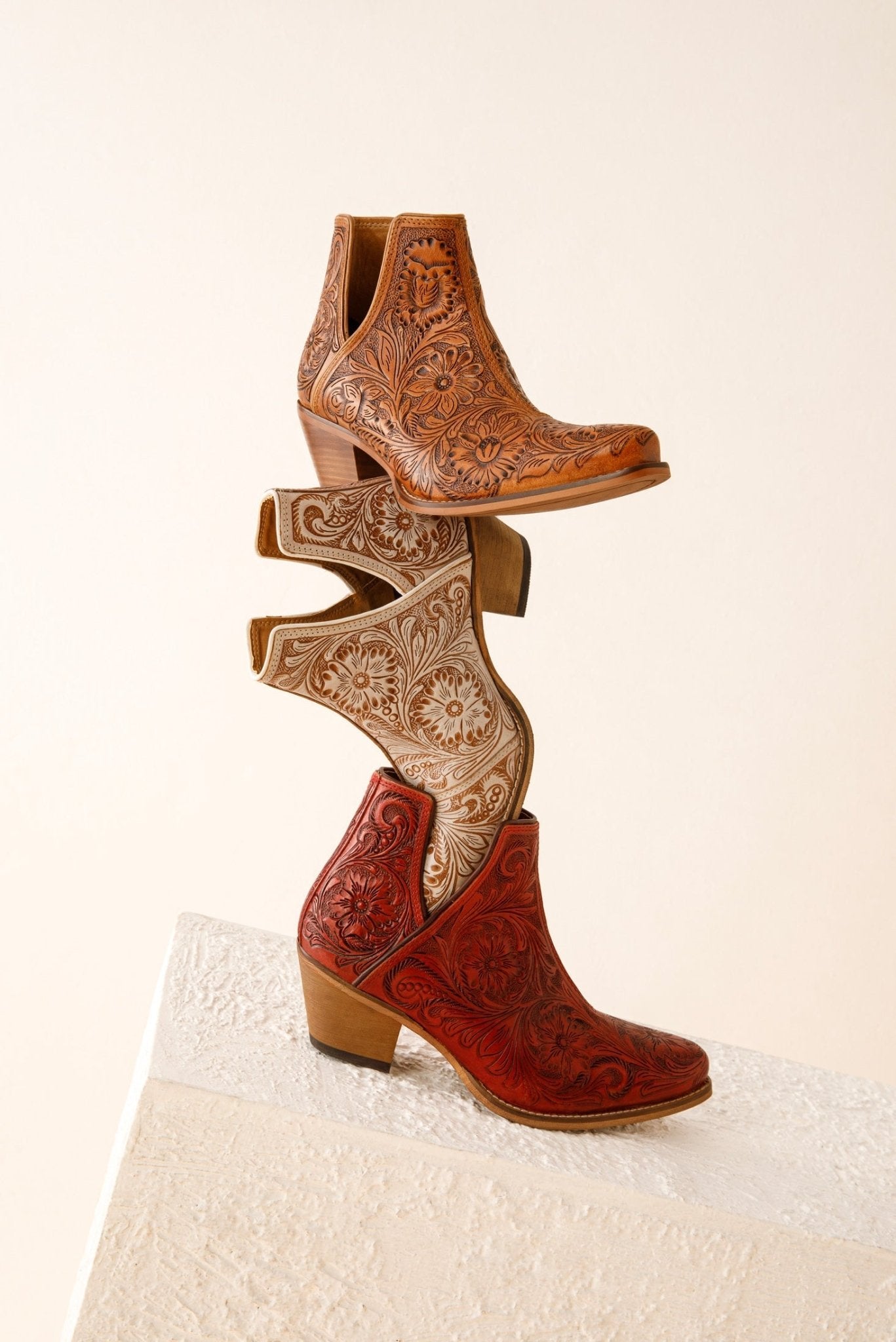 Western Moxie Hand-tooled Booties in White Chocolate - My Store 3