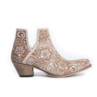 Western Moxie Hand-tooled Booties in White Chocolate - My Store 3