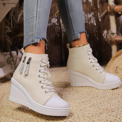 Women's Canvas Wedge Platform Lace-Up Sneakers - My Store 3