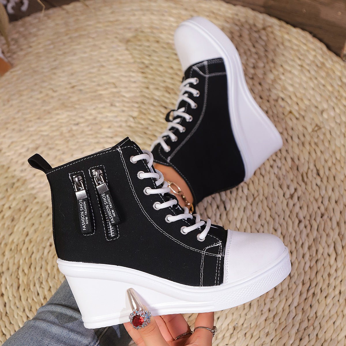 Women's Canvas Wedge Platform Lace-Up Sneakers - My Store 3