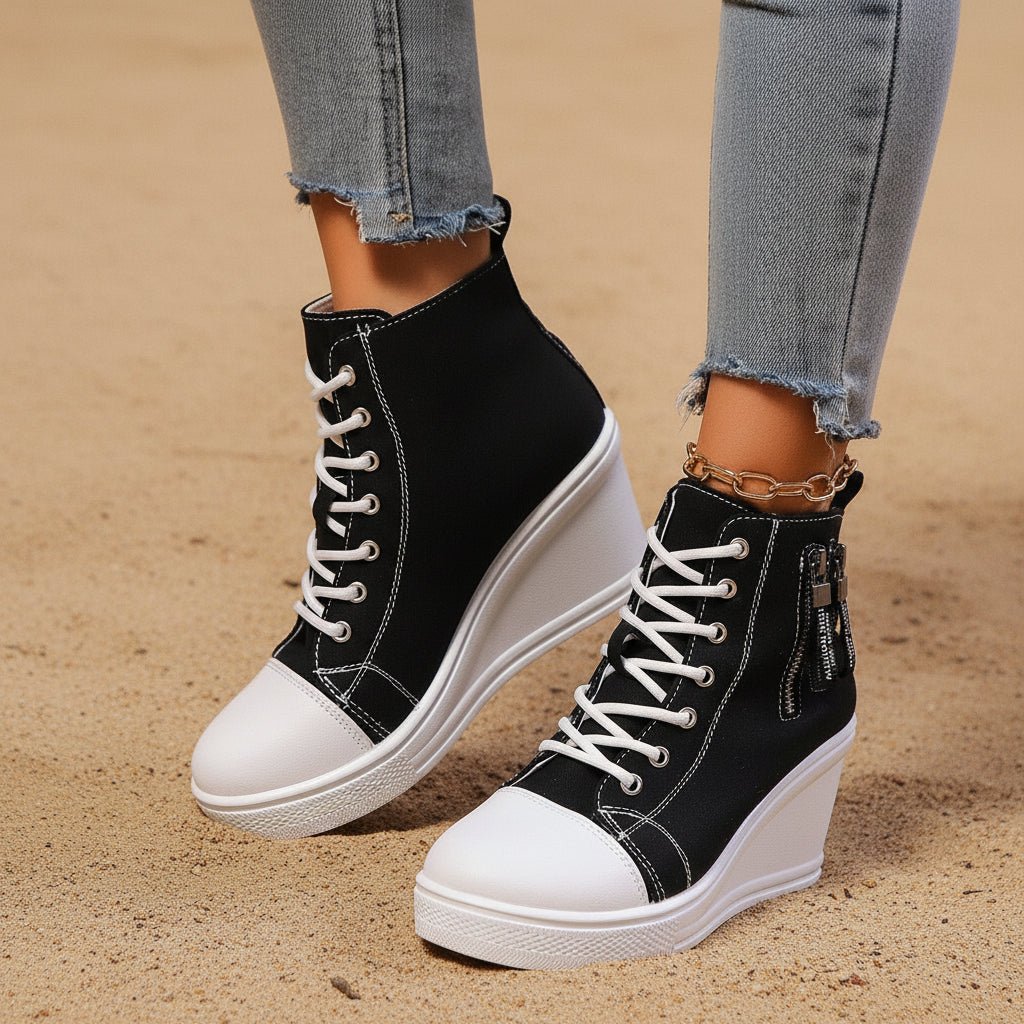 Women's Canvas Wedge Platform Lace-Up Sneakers - My Store 3