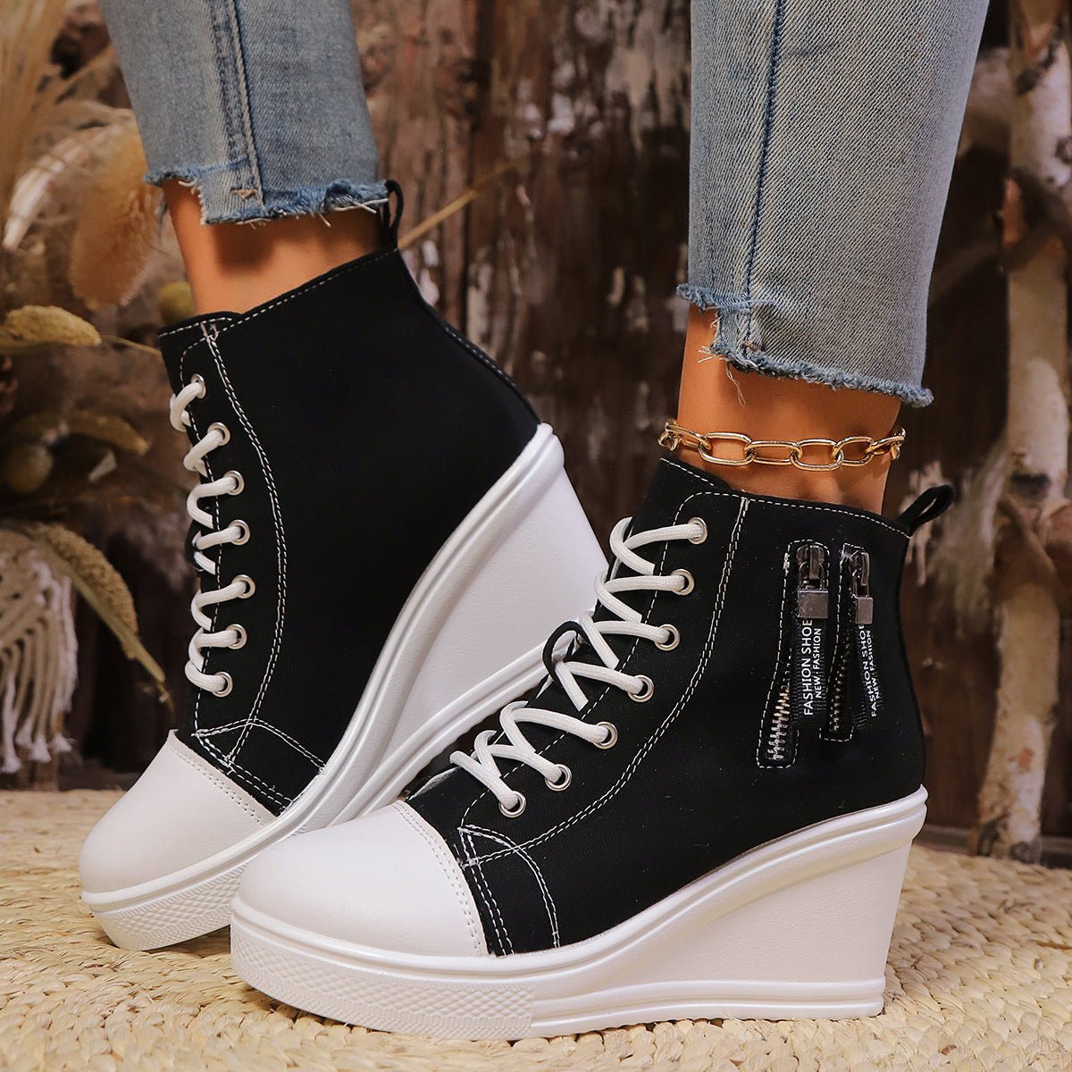 Women's Canvas Wedge Platform Lace-Up Sneakers - My Store 3