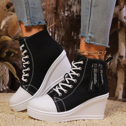 Women's Canvas Wedge Platform Lace-Up Sneakers - My Store 3