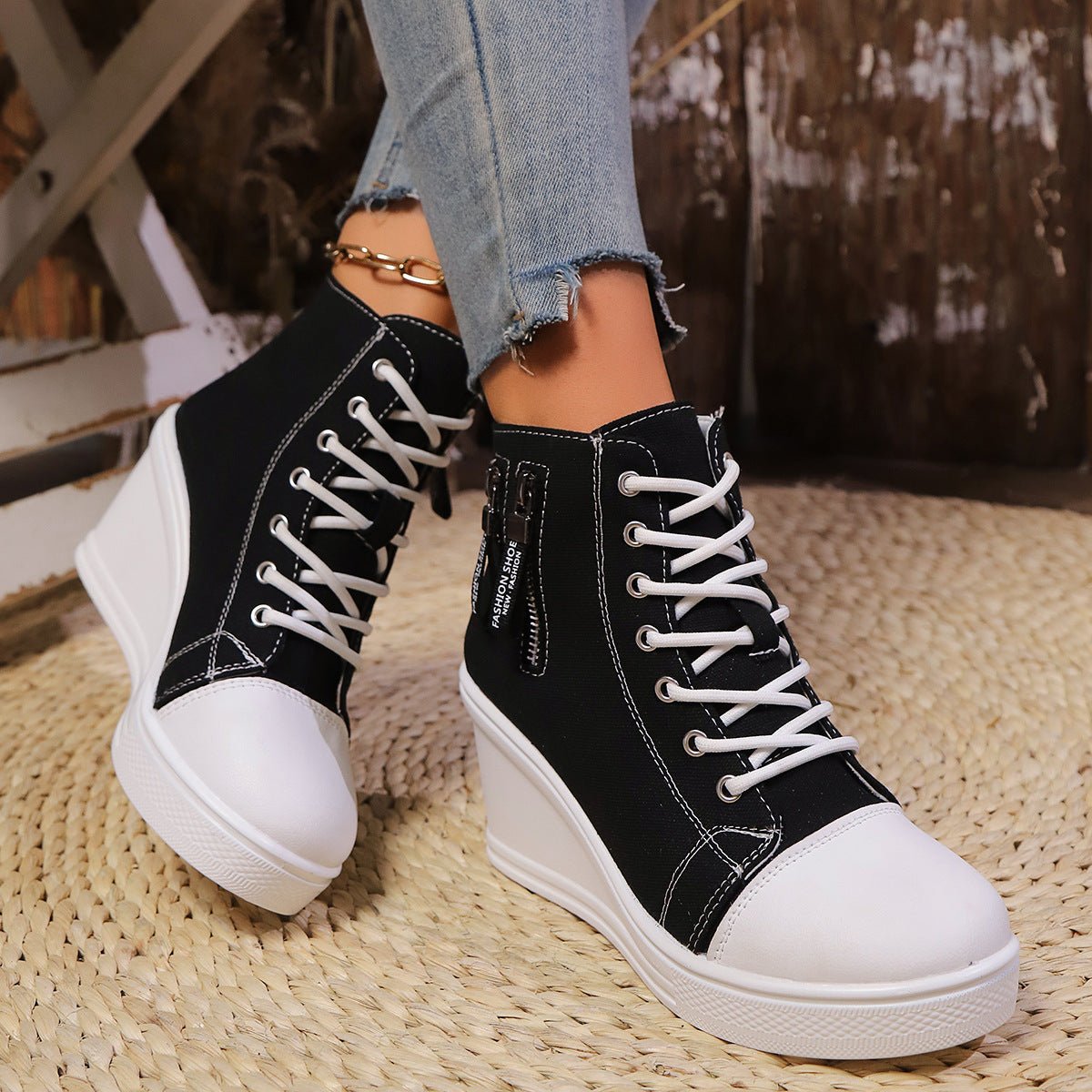Women's Canvas Wedge Platform Lace-Up Sneakers - My Store 3