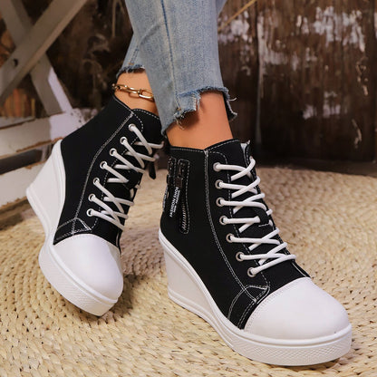 Women's Canvas Wedge Platform Lace-Up Sneakers - My Store 3