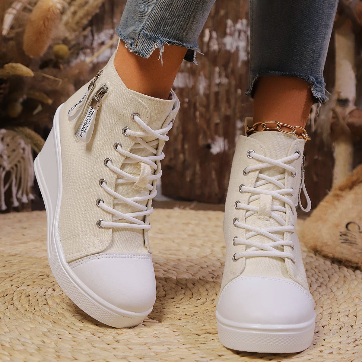 Women's Canvas Wedge Platform Lace-Up Sneakers - My Store 3