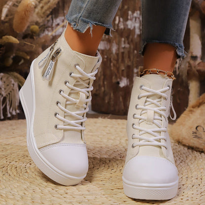Women's Canvas Wedge Platform Lace-Up Sneakers - My Store 3