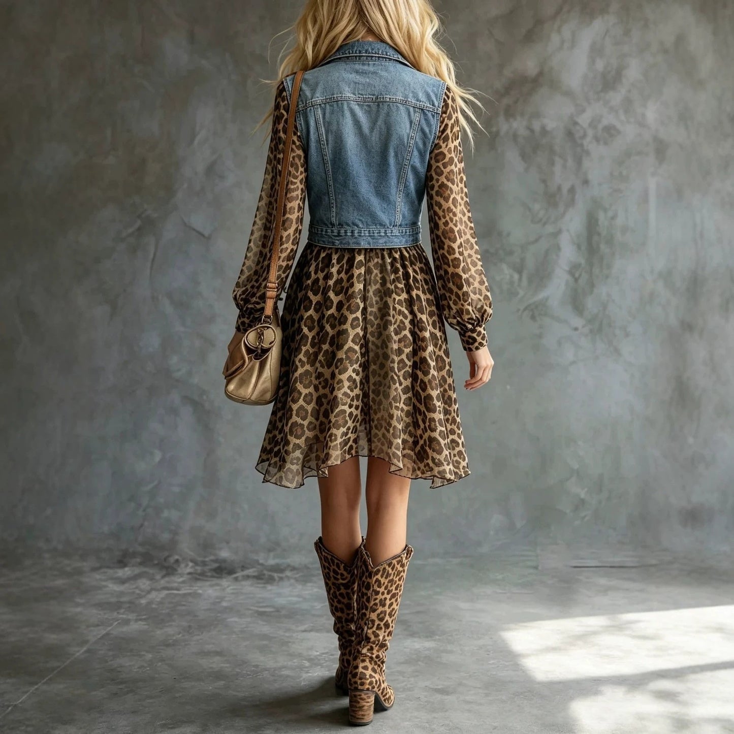 Women's Denim-Look Chiffon Patchwork Long Sleeve Maxi Dress - All In One Stop Shop N More