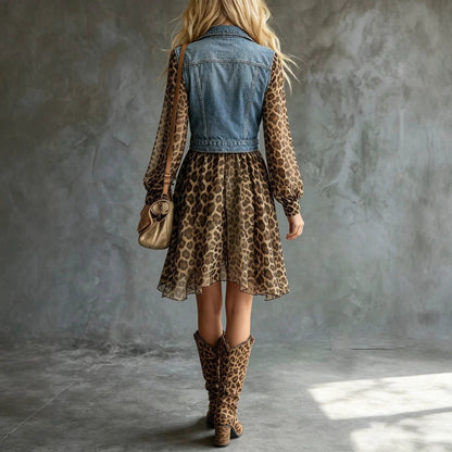 Women's Denim-Look Chiffon Patchwork Long Sleeve Maxi Dress - All In One Stop Shop N More