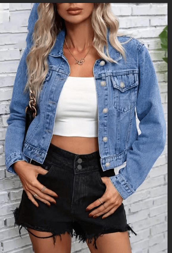 Women's Long Sleeve Denim Jacket – Streetwear Flip Collar Jean Jacket - All In One Stop Shop N More