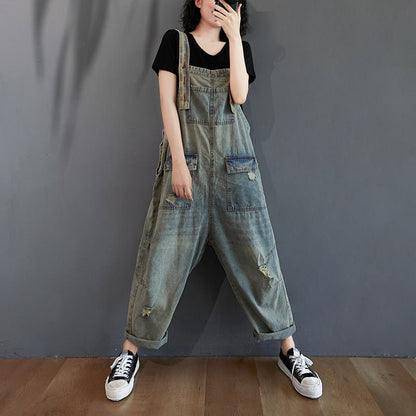 Women's Summer Retro Nostalgic Ripped Denim Overalls - All In One Stop Shop N More