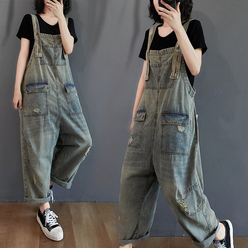 Women's Summer Retro Nostalgic Ripped Denim Overalls - All In One Stop Shop N More