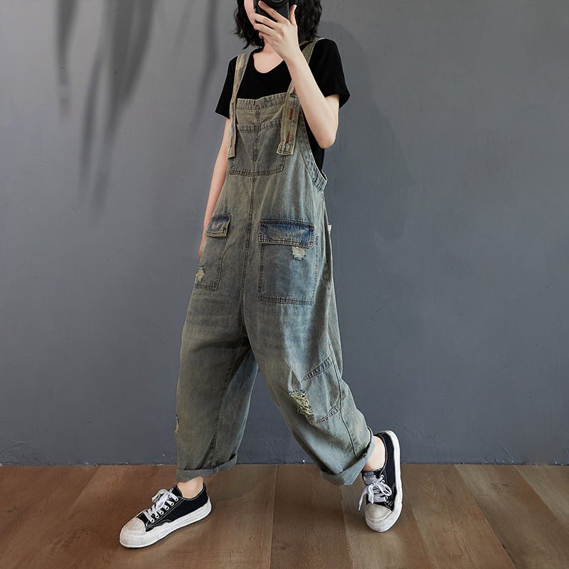 Women's Summer Retro Nostalgic Ripped Denim Overalls - All In One Stop Shop N More